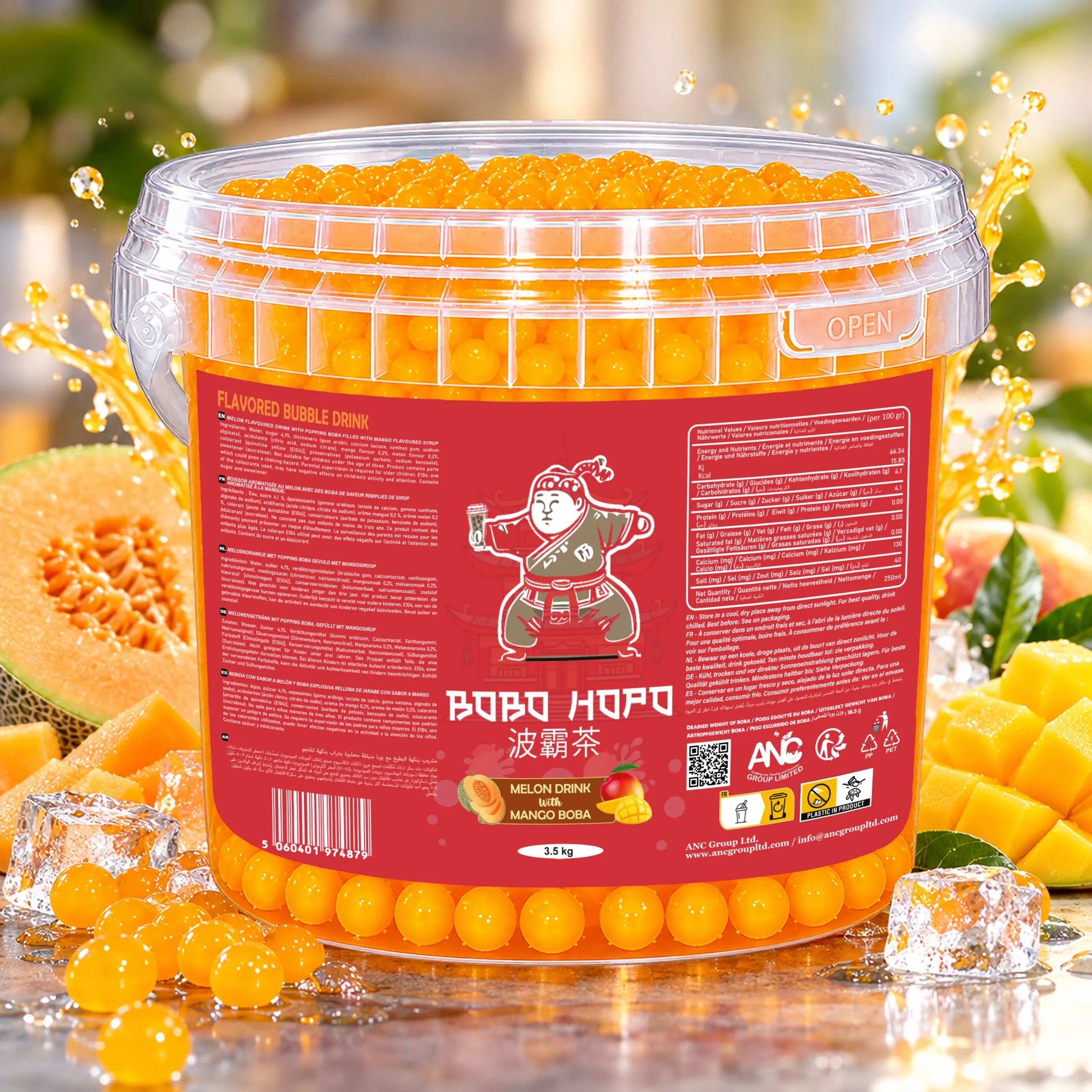 Bobo Hopo 3.5 kg melon drink flavoured bubbles with mango boba, surrounded by melon, mango and ice cubes.